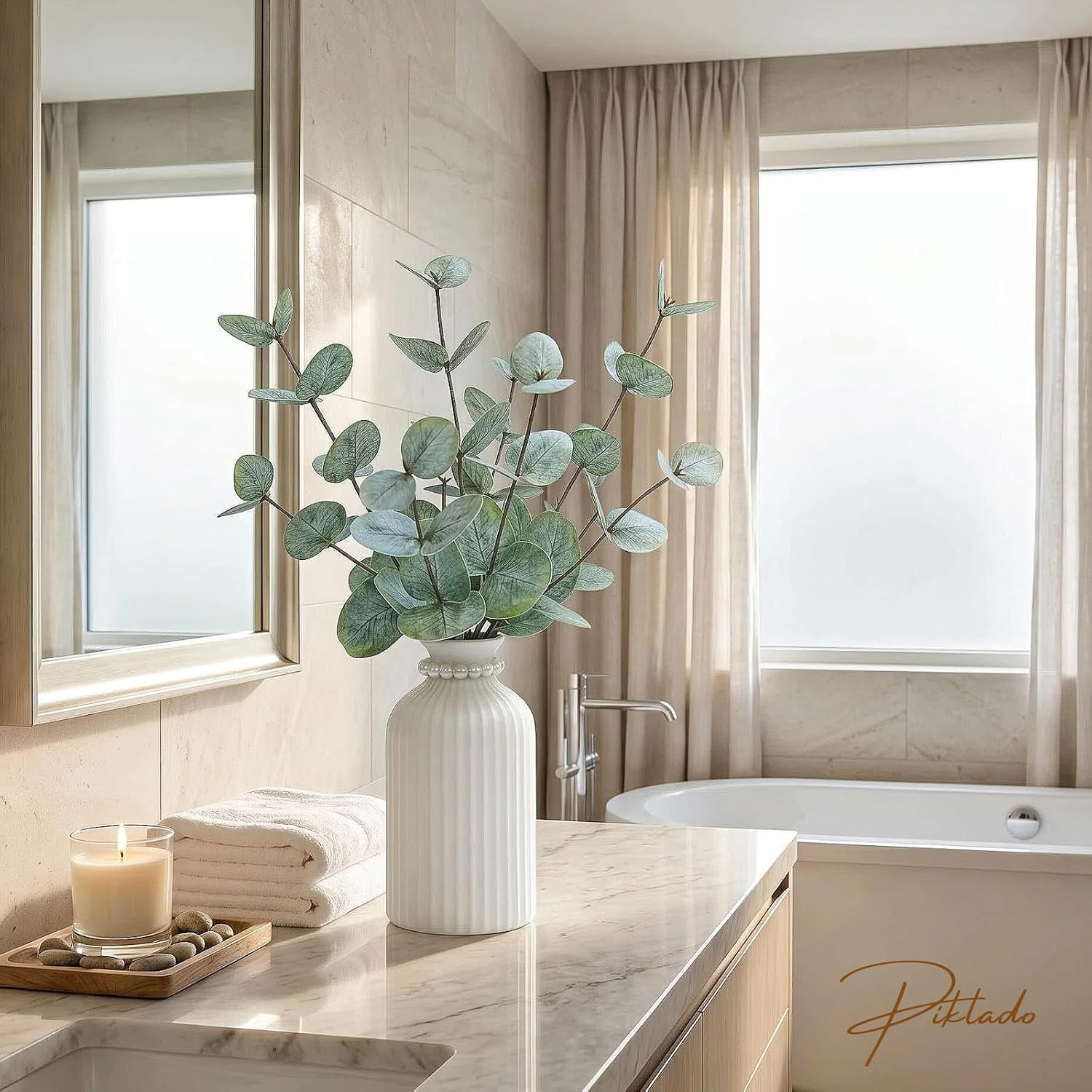 Artificial Eucalyptus Stems in Vase, Faux Plants with Frosted Ceramic Vase, Nord