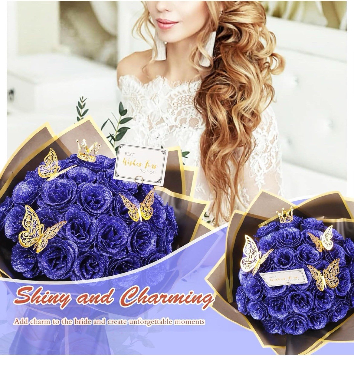 Blue Glitter Roses Bouquet, DIY Fake Flowers Bouquet, Everlasting Shiny Artifici