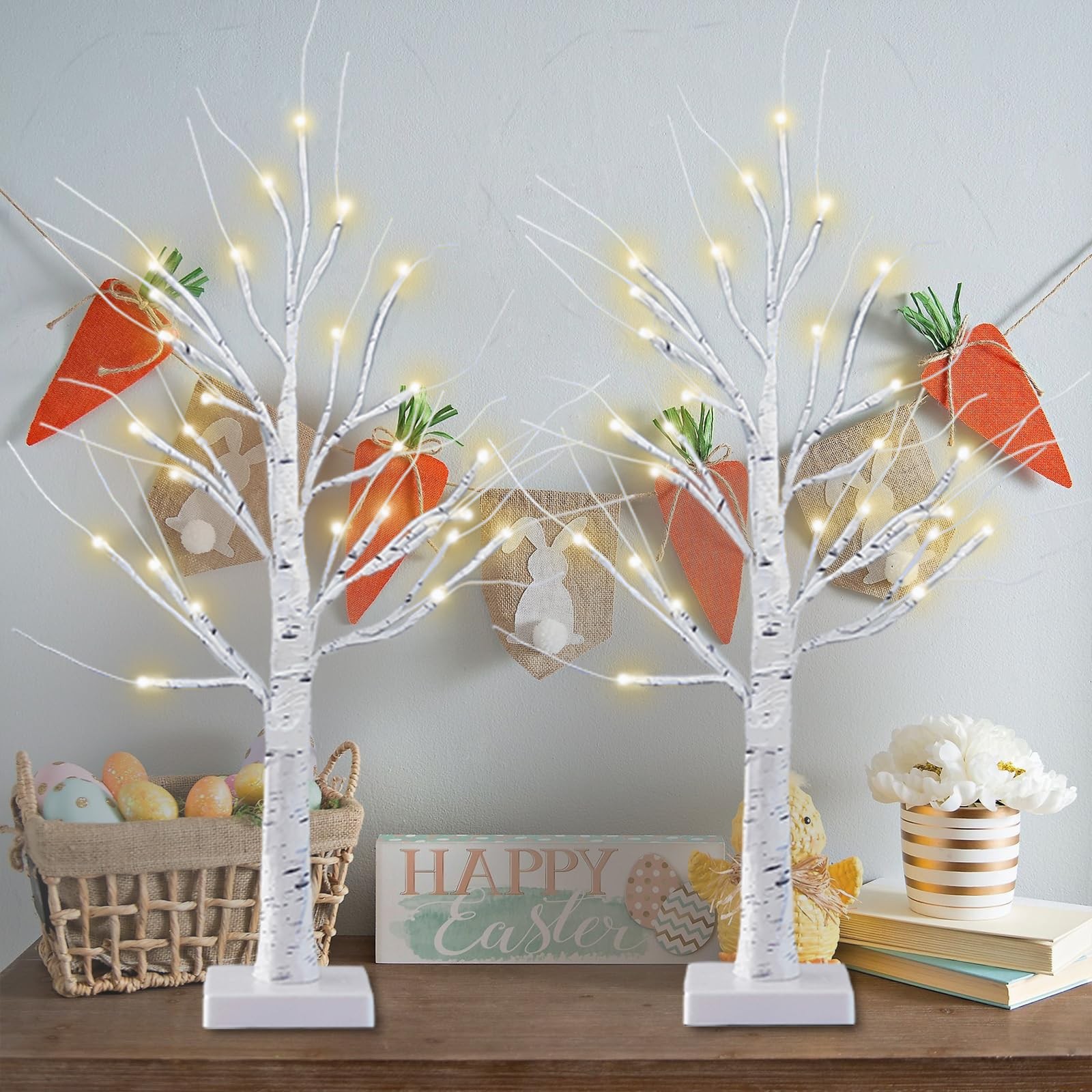 2 PCS 2 FT Lighted Birch Tree Timer 48 LED Warm White Tabletop Decor Indoor