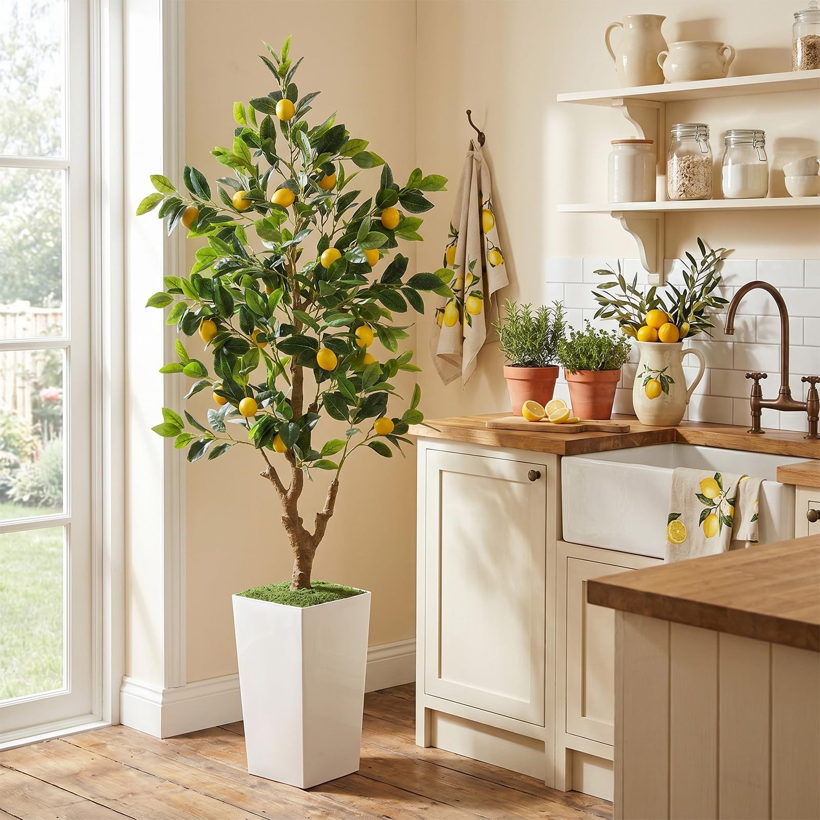 5FT Artificial Lemon Tree with Pot – 60″ Fake Lemon Tree with White Tall Plan…