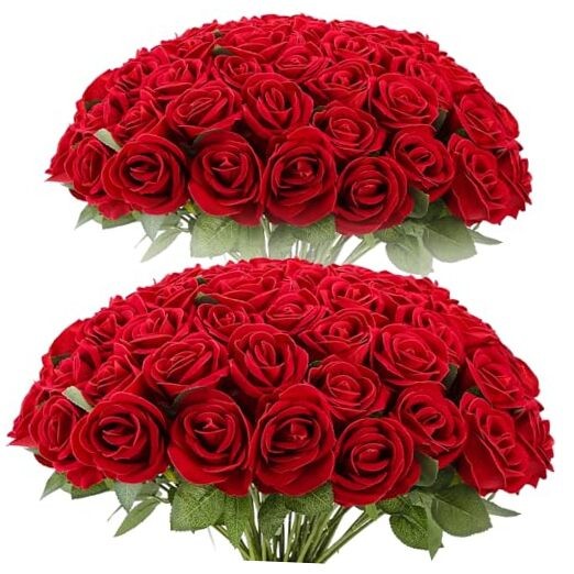 pcs Roses Artificial Flower in Bulk, Realistic Velvet Silk Faux Roses 72 Red