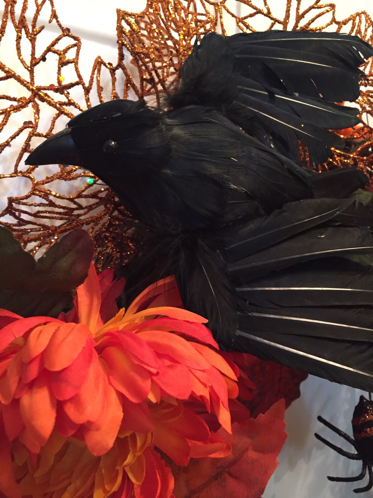 Halloween Spooky Wreath With A Black Evil Crow And Creepy Black Spiders