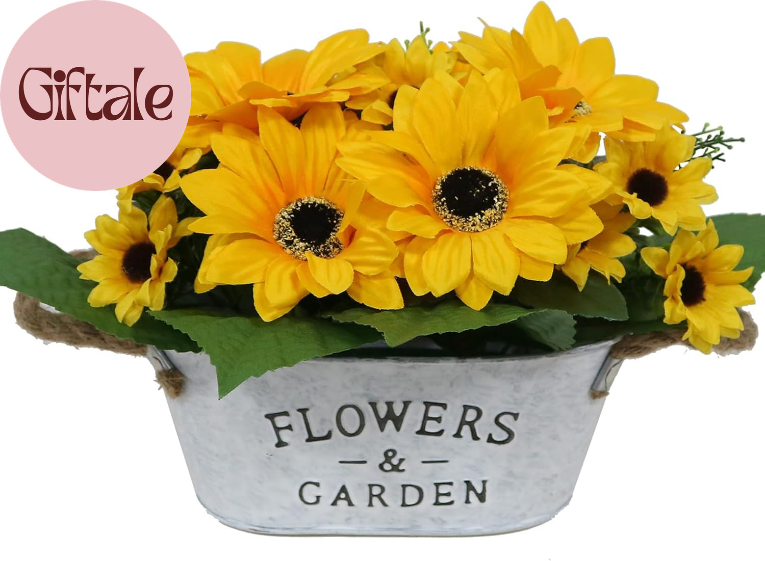 Artificial Flowers in Pot 8″ Tall Faux Silk Sunflowers with Metal Planter, Fake