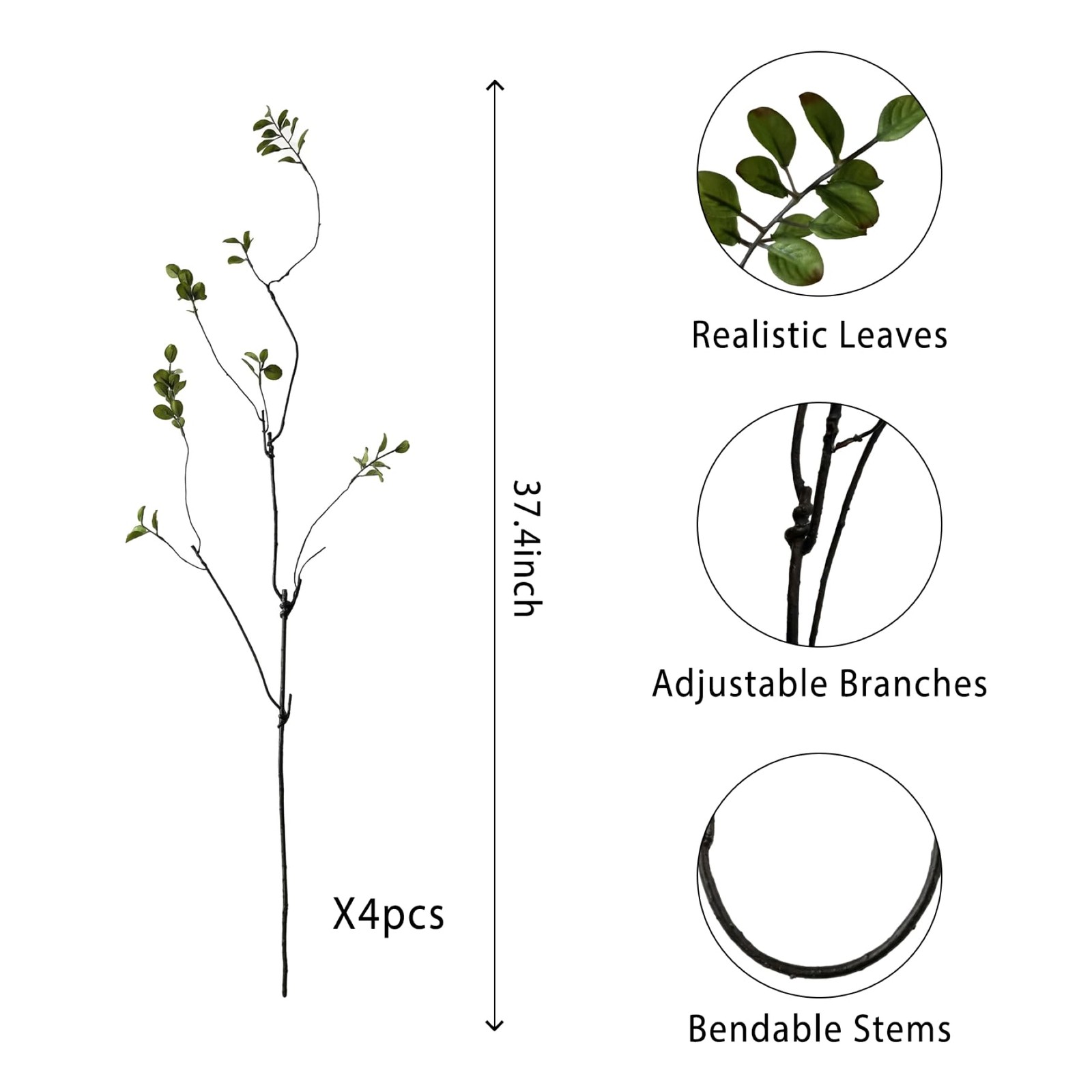 4 Pcs Artificial Greenery Stems Faux Branches for Vase, 37.4 Inch Artificial …