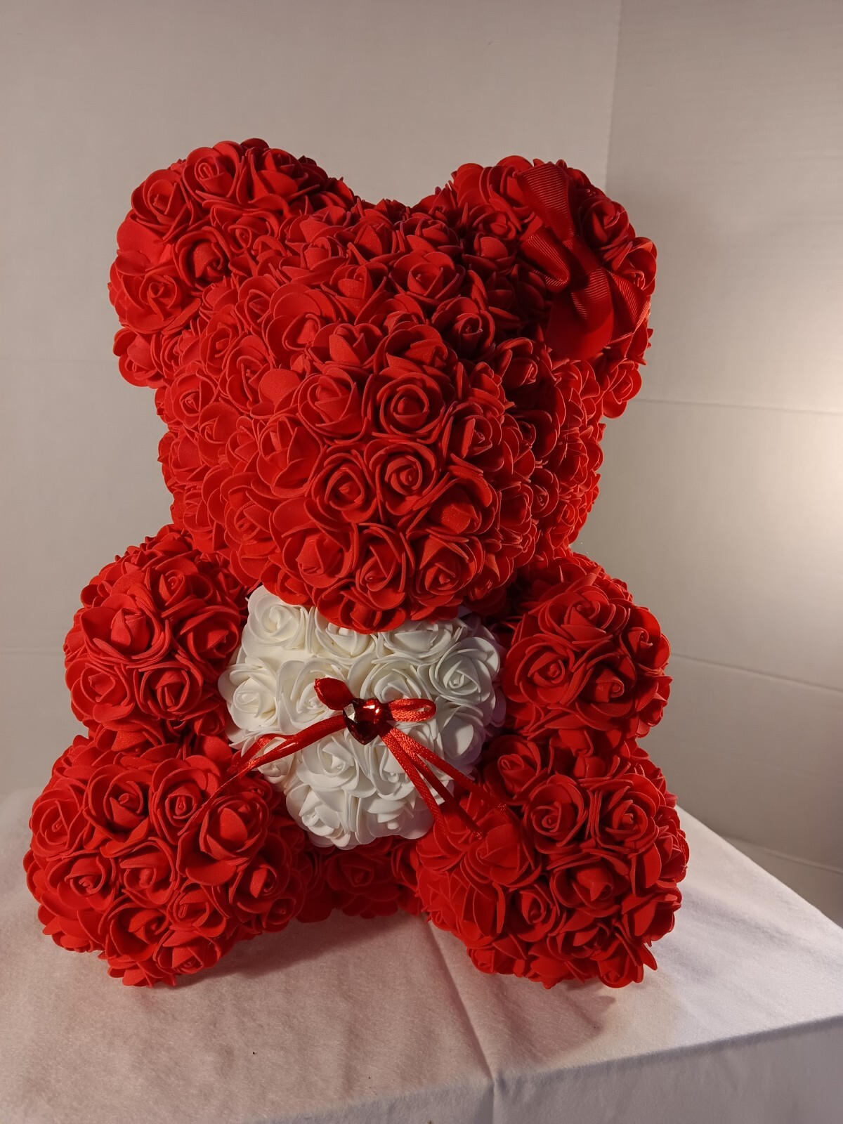 Red Rose Teddy Bear with White Heart – 13″ Artificial Foam Flower Gift – Romanti