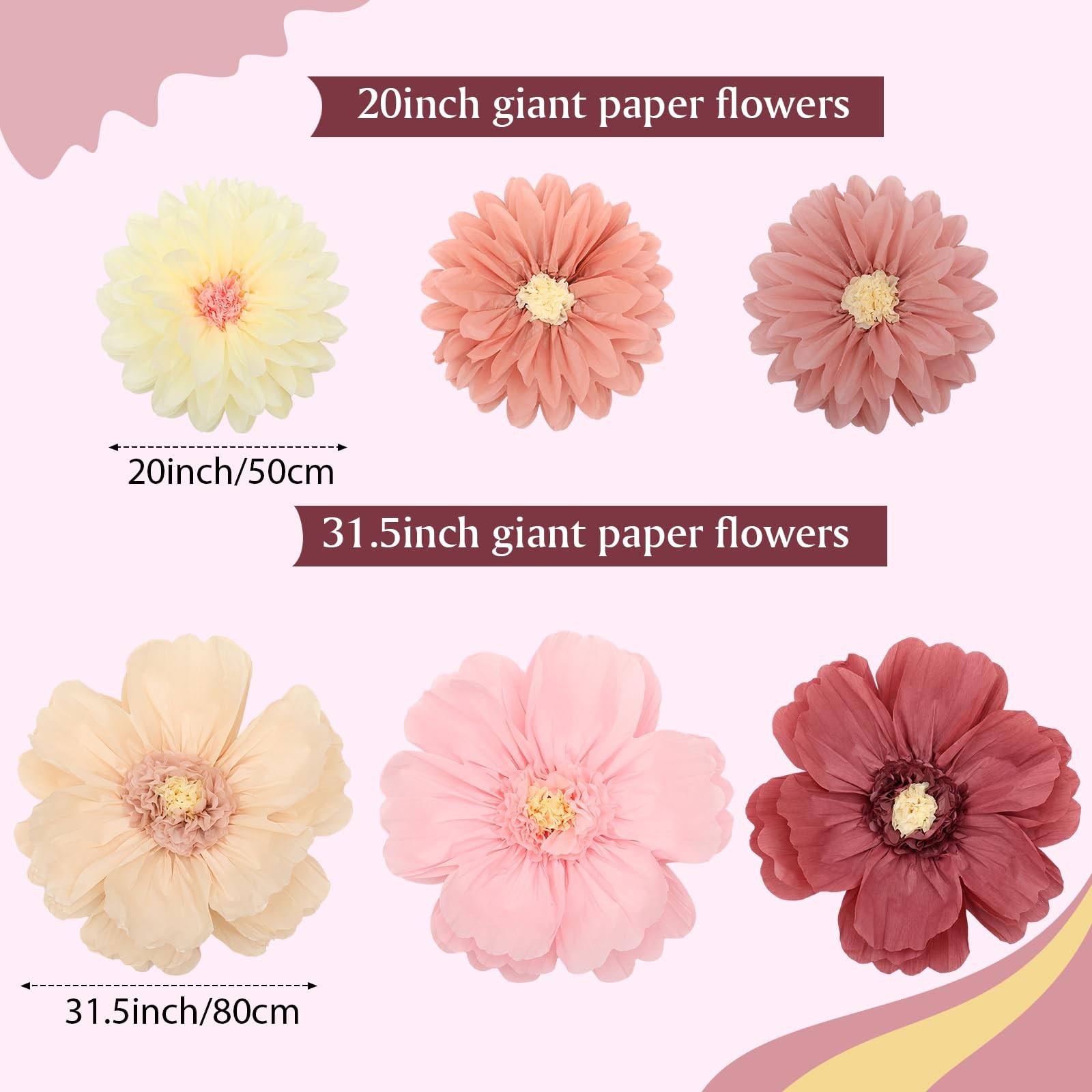 12 Pcs 31.5×20 Inch Giant Tissue Paper Flower Decor Rose Wall Floral Pom Poms