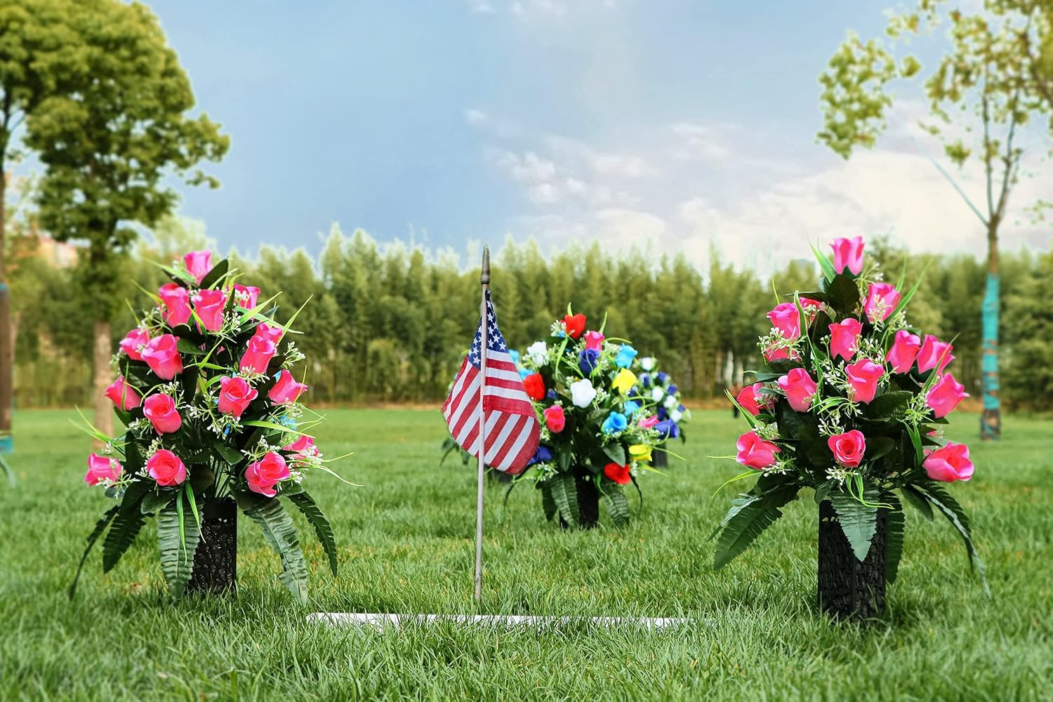 Beautiful Pink Artificial Cemetery Flowers with Vase – Lasting Outdoor Decor
