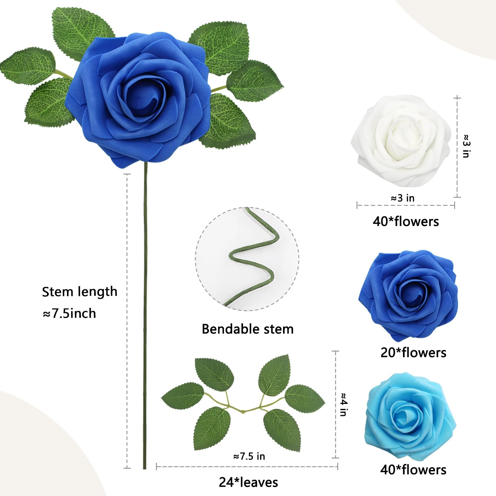 100 Pcs Blue Artificial Roses Real Looking Foam Fake Flowers With Leaves