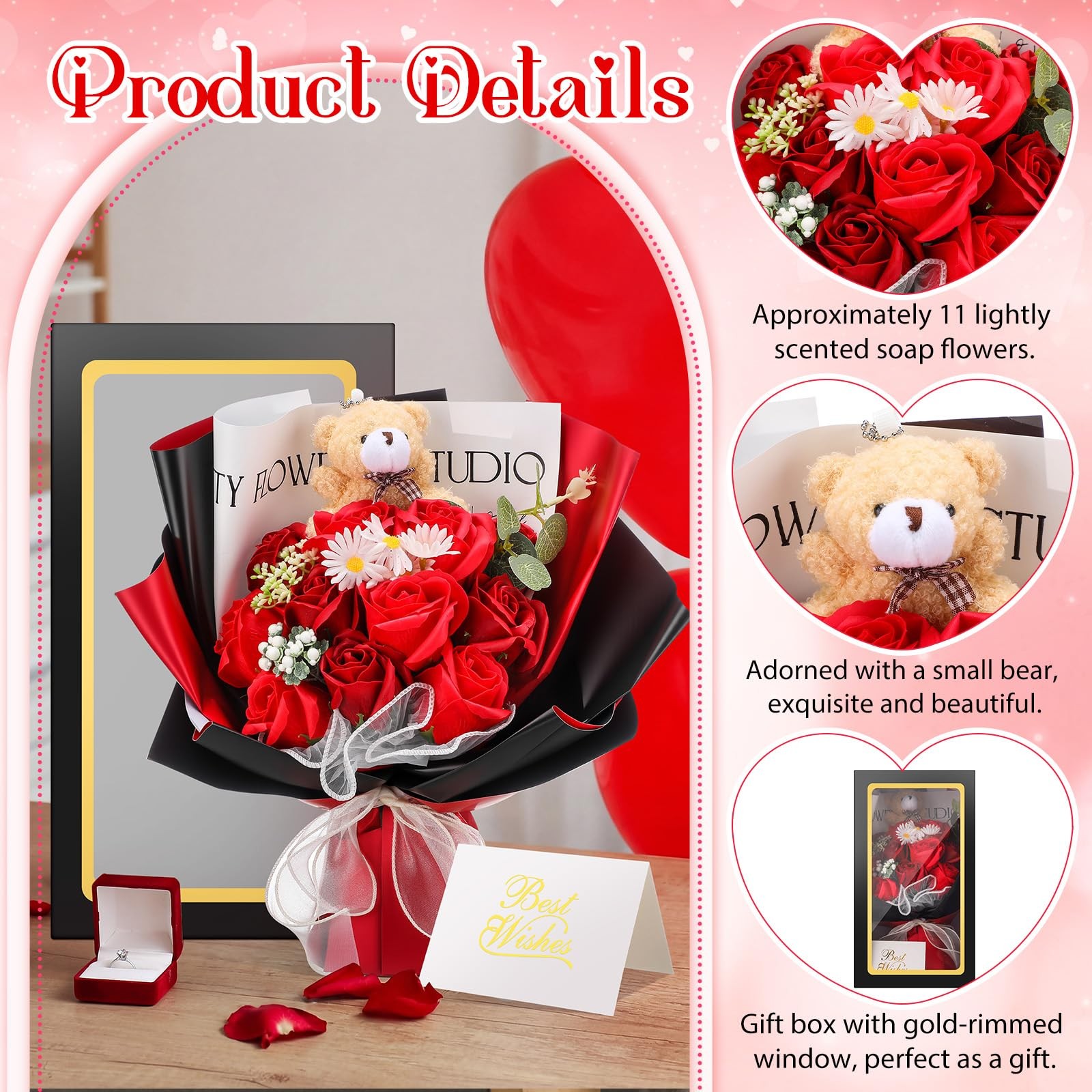 11 PCS Scented Soap Rose Bouquet Bear Gift Box Red Black 12.6×7.1 Inch Decor