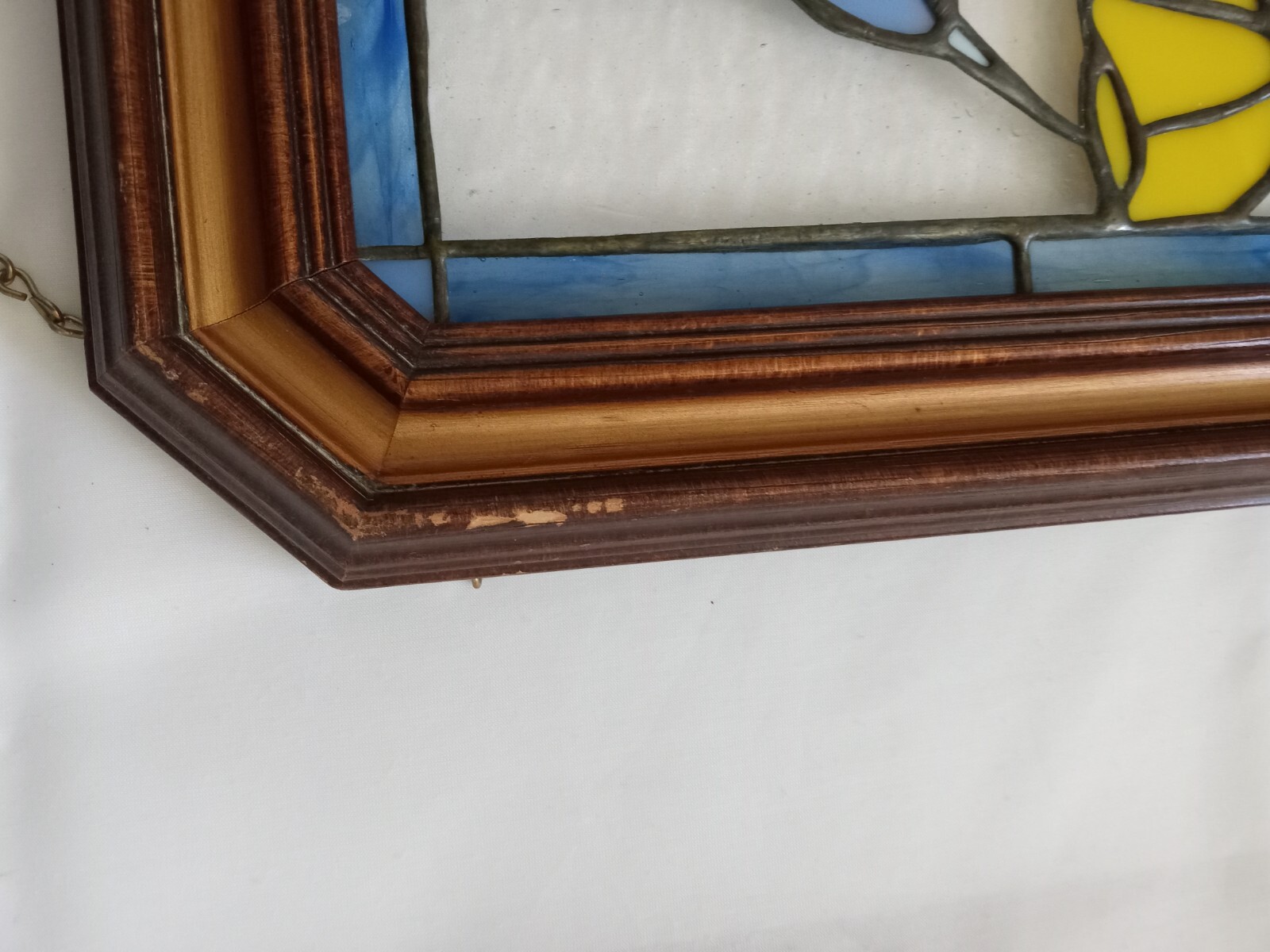 VINTAGE STAINED GLASS HANGING FRAMED ART FLOWER AND BIRD  16 X 12 1/4 IN