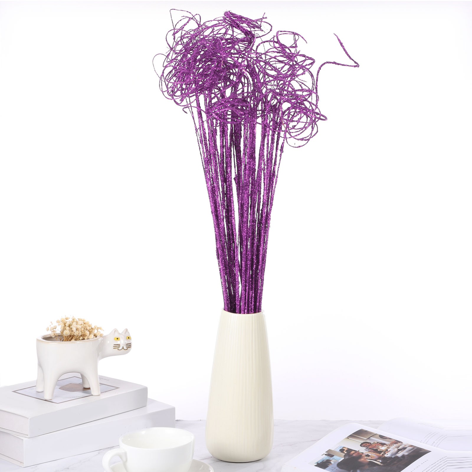 60 Pcs Glitter Dried Curly Willow Branches Natural Branches Twigs, Purple