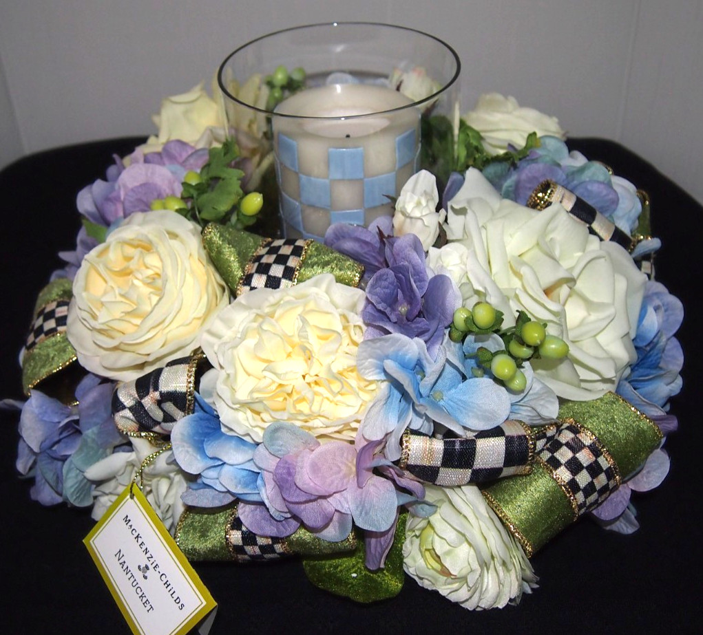 MacKenzie-Childs Nantucket Candle Centerpiece w/2 MC Hand-painted Pillar Candles