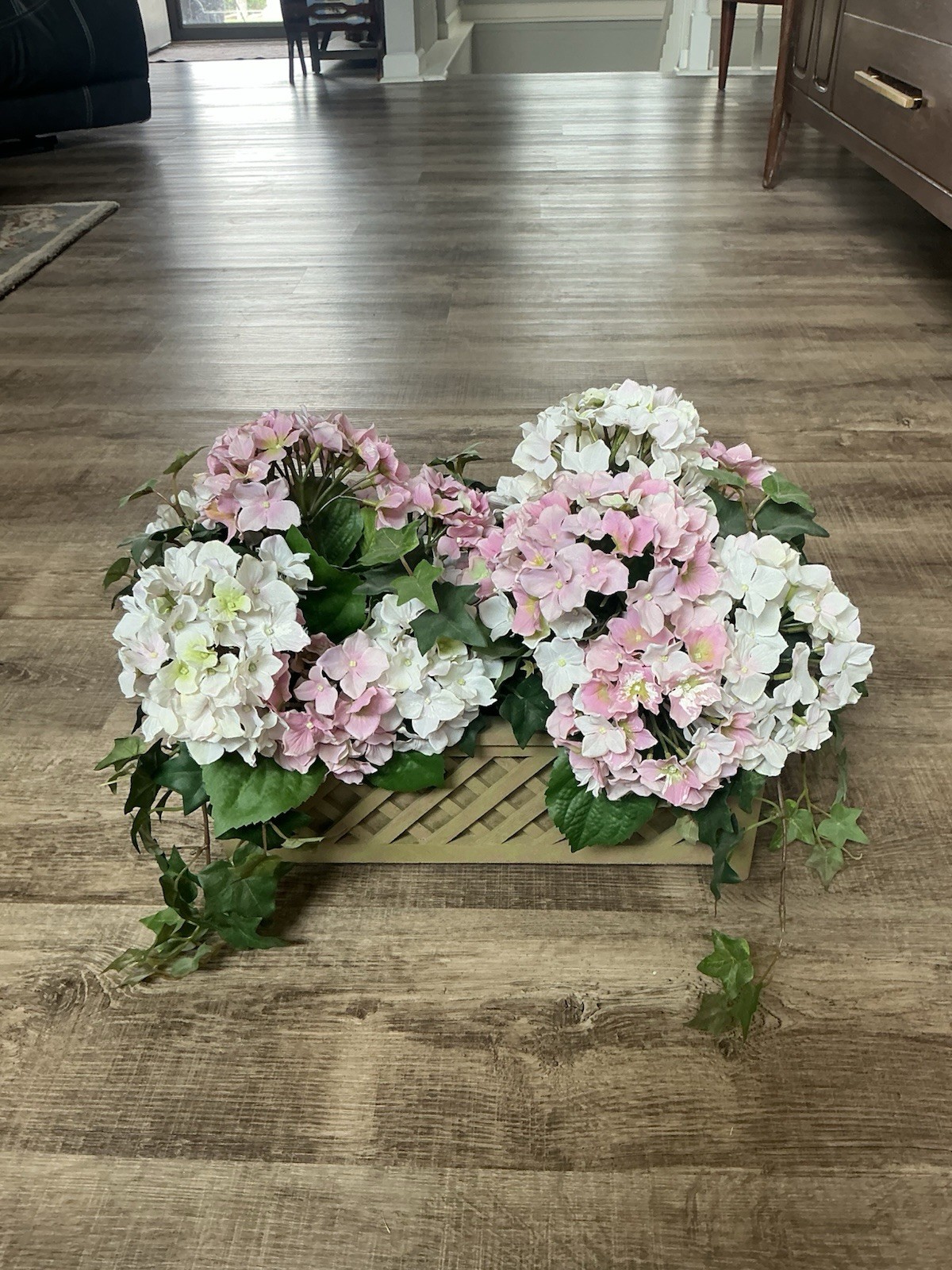 Hydrangea Faux Flower Arrangement Pink White In Planter Box 14x5x6