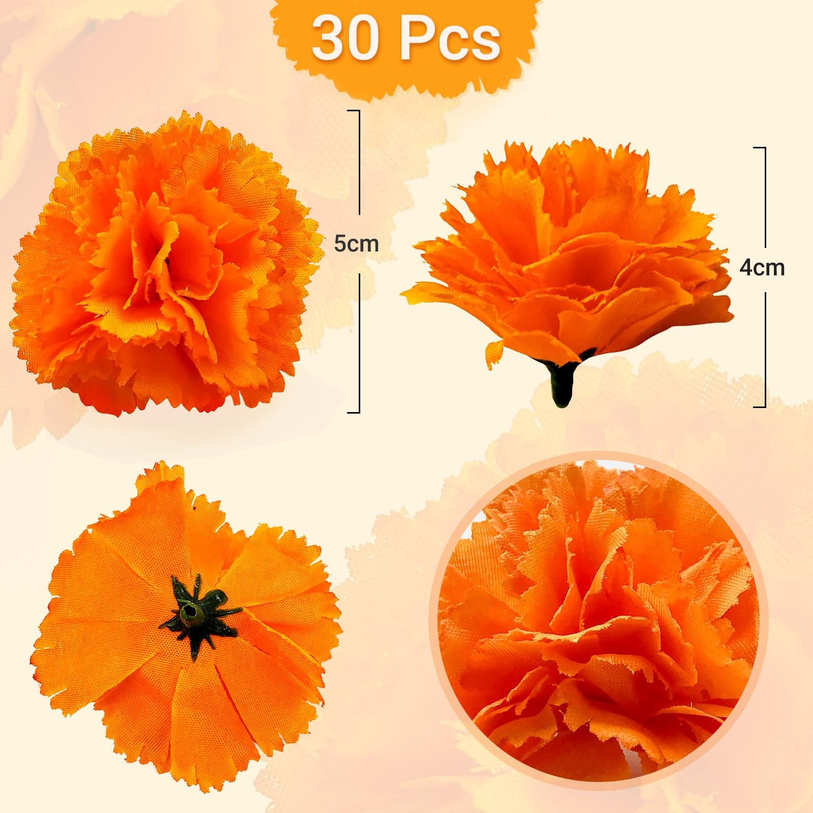 Cabezas de flores de caléndula de seda artificiales para Diwali, festival indio