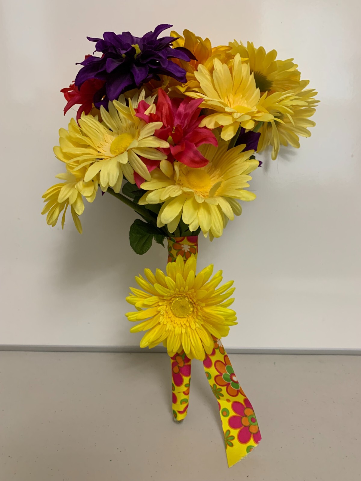 HAND MADE FLORAL DAISY BOUQUET – YELLOW PINK & PURPLE FLOWERS