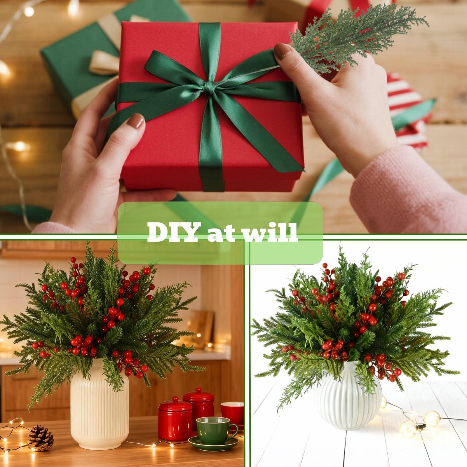 60 Pcs Christmas Greenery Stems for Vases Artificial Pine Branches for Decora…