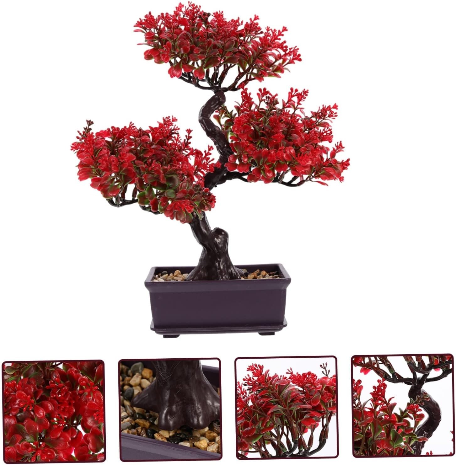 Home Decor Artificial Bonsai Tree Red Small Fake Plants Decor Indoor Faux Pot…