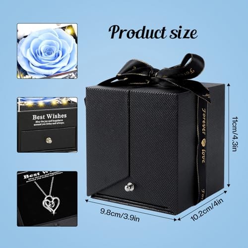 Gifts for Women – Preserved Real Rose with I Love You Heart Necklace, Sky Blue
