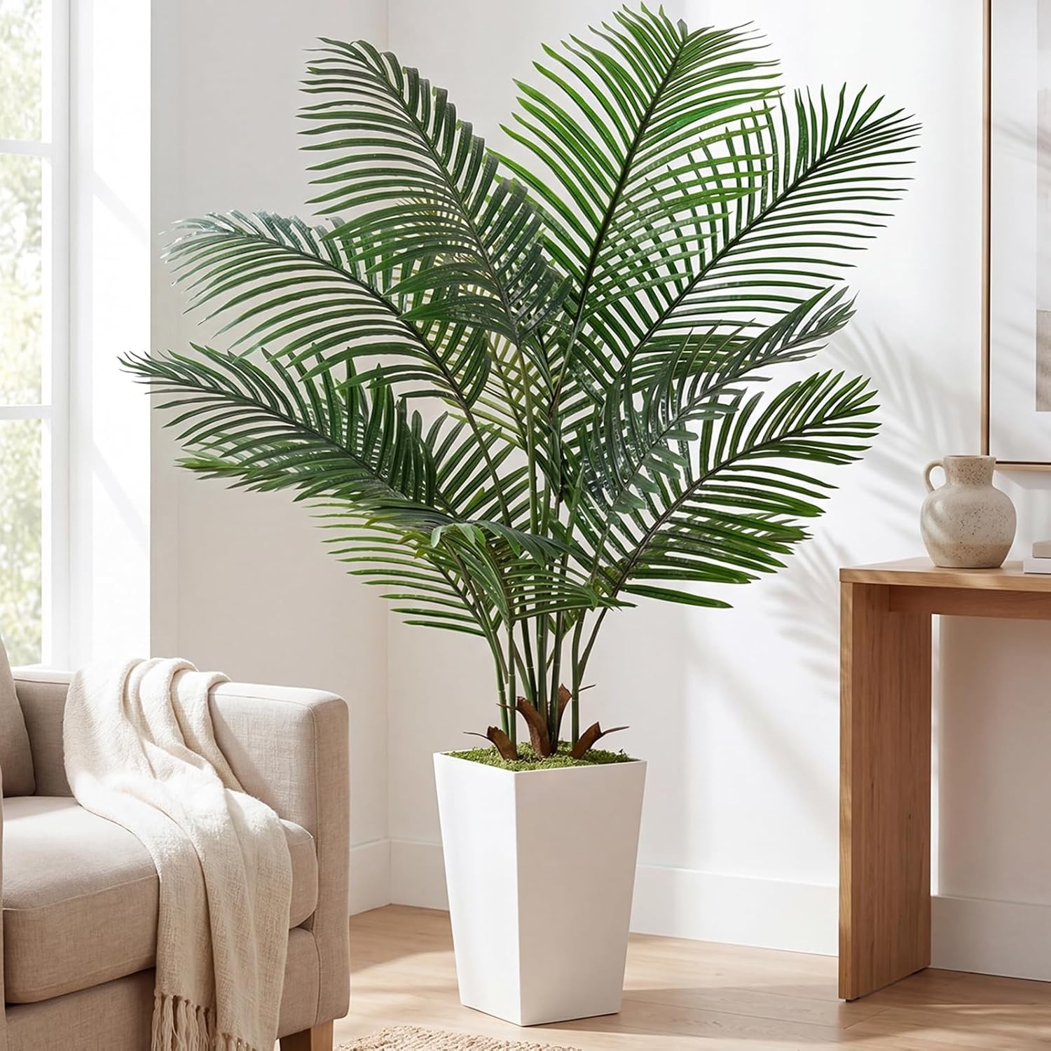 6FT Artificial Palm Tree Palm Tree 72in Tall Faux W/ 15.7 White Planter Fake