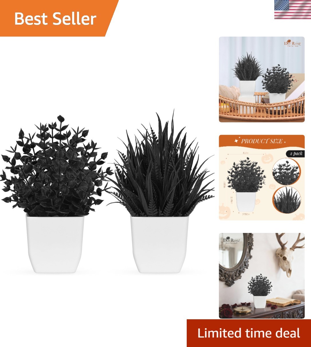 2 Pack Mini Black Fake Plants – Eco-Friendly Decor for Home & Halloween Style