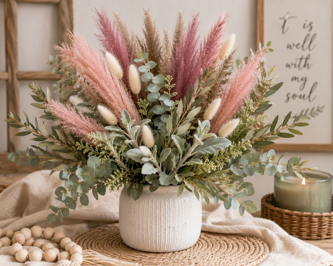 Dusty Pink Pampas Grass Decor Set of 15 Faux Pampas Stems Blush Mauve Taupe Pamp