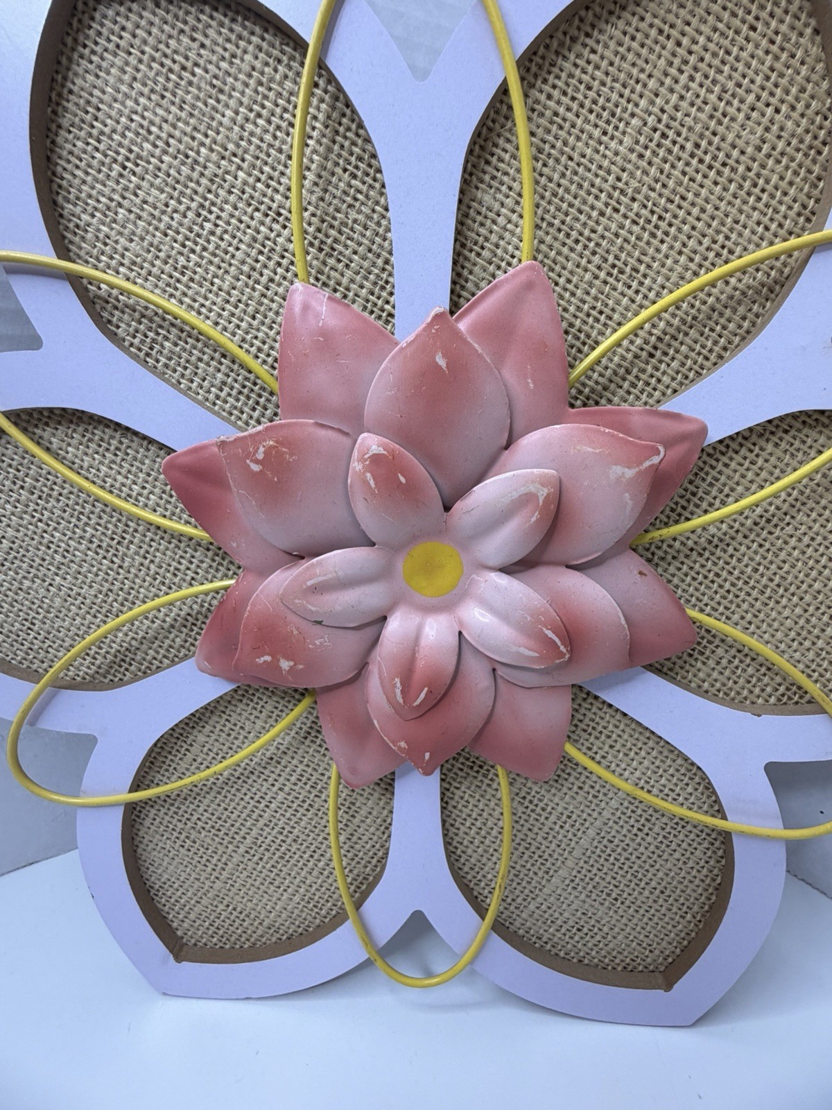 3 Wood Burlap & Metal 3D Flowers Decor Hanging 12” Wall Home Decor Wall Hanger