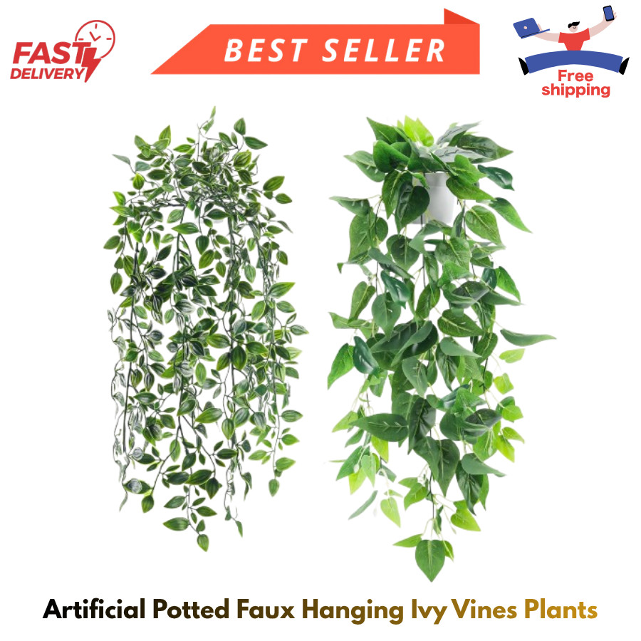 2Pcs Fake Plants Artificial Potted Faux Hanging Ivy Vines Plants Indoor for Home