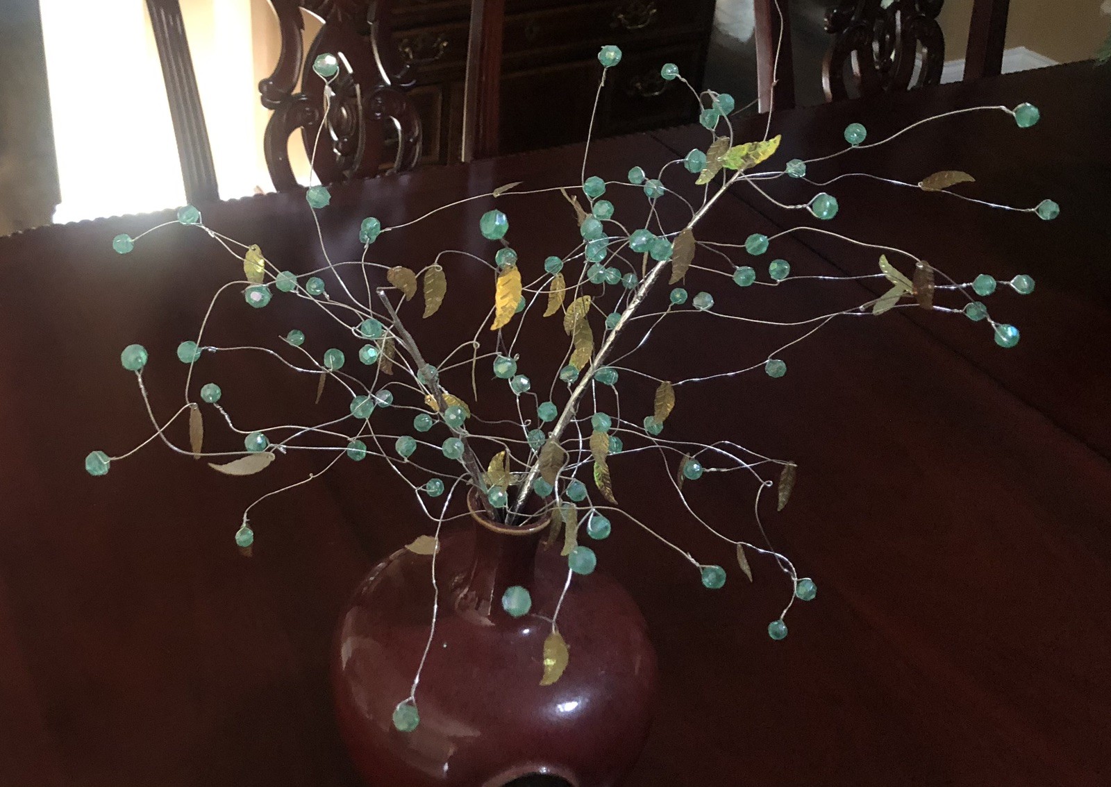 Set of 2 UNIQUE AQUA BEADED IRIDESCENT LEAVES WIRED SPRAY STEM VASE DECORATION