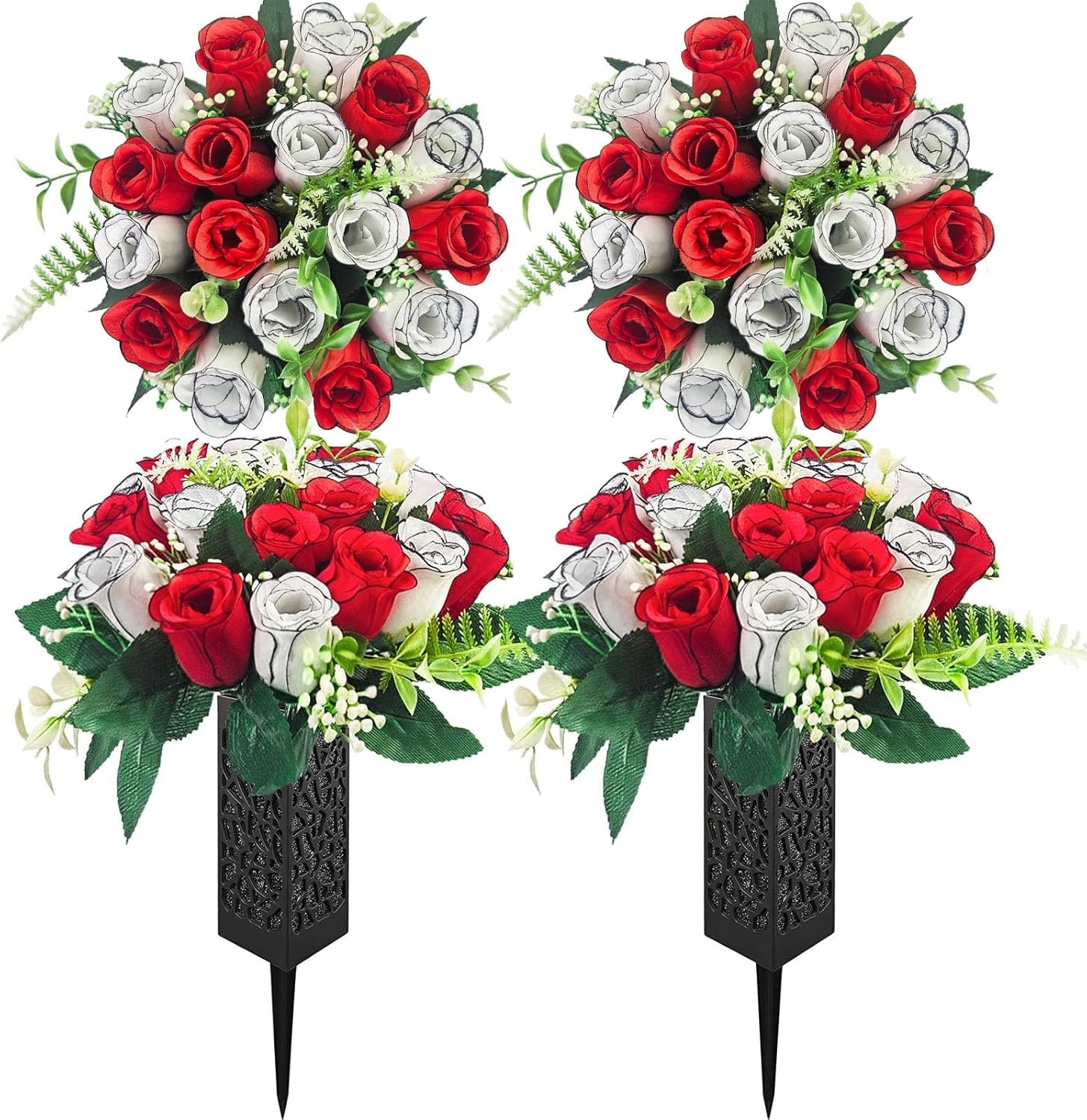 2 Pack Cemetery Flowers for Grave with Spiked Vases, 18-Stem Red Artificial Rose