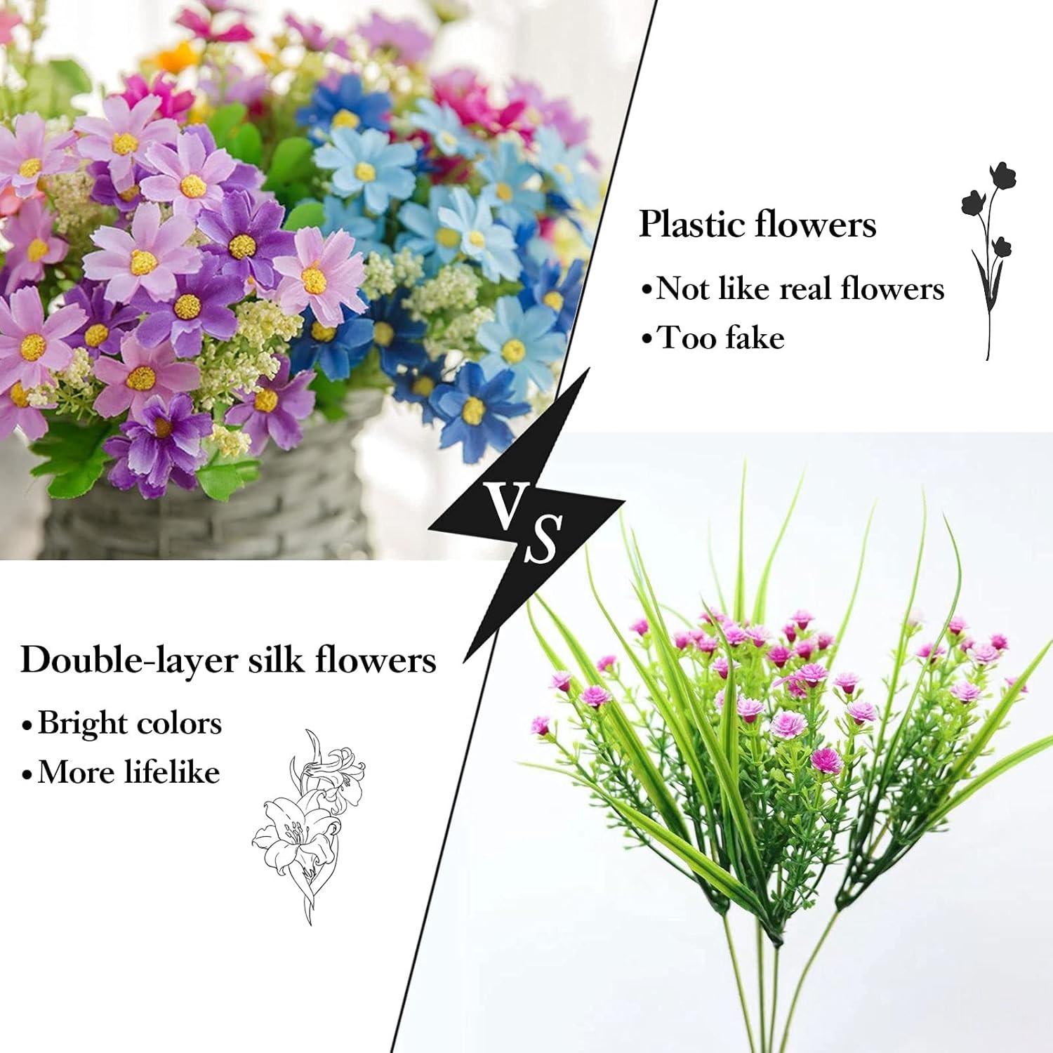6PCS UV-Resistant Artificial Flowers Faux Silk Bouquet for Indoor & Outdoor Deco
