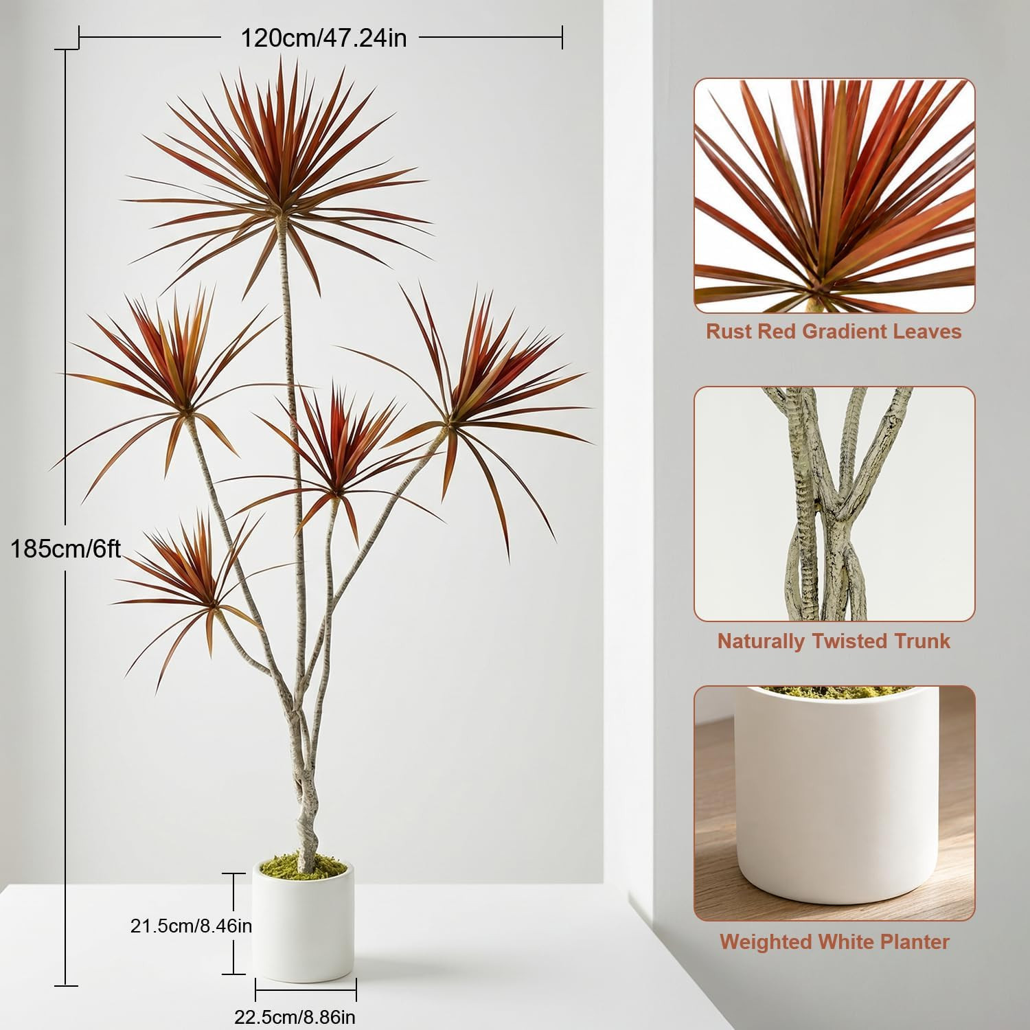 Artificial Dracaena marginata Tree, 6ft Tall Tropical Faux Tree | Rust Red Folia