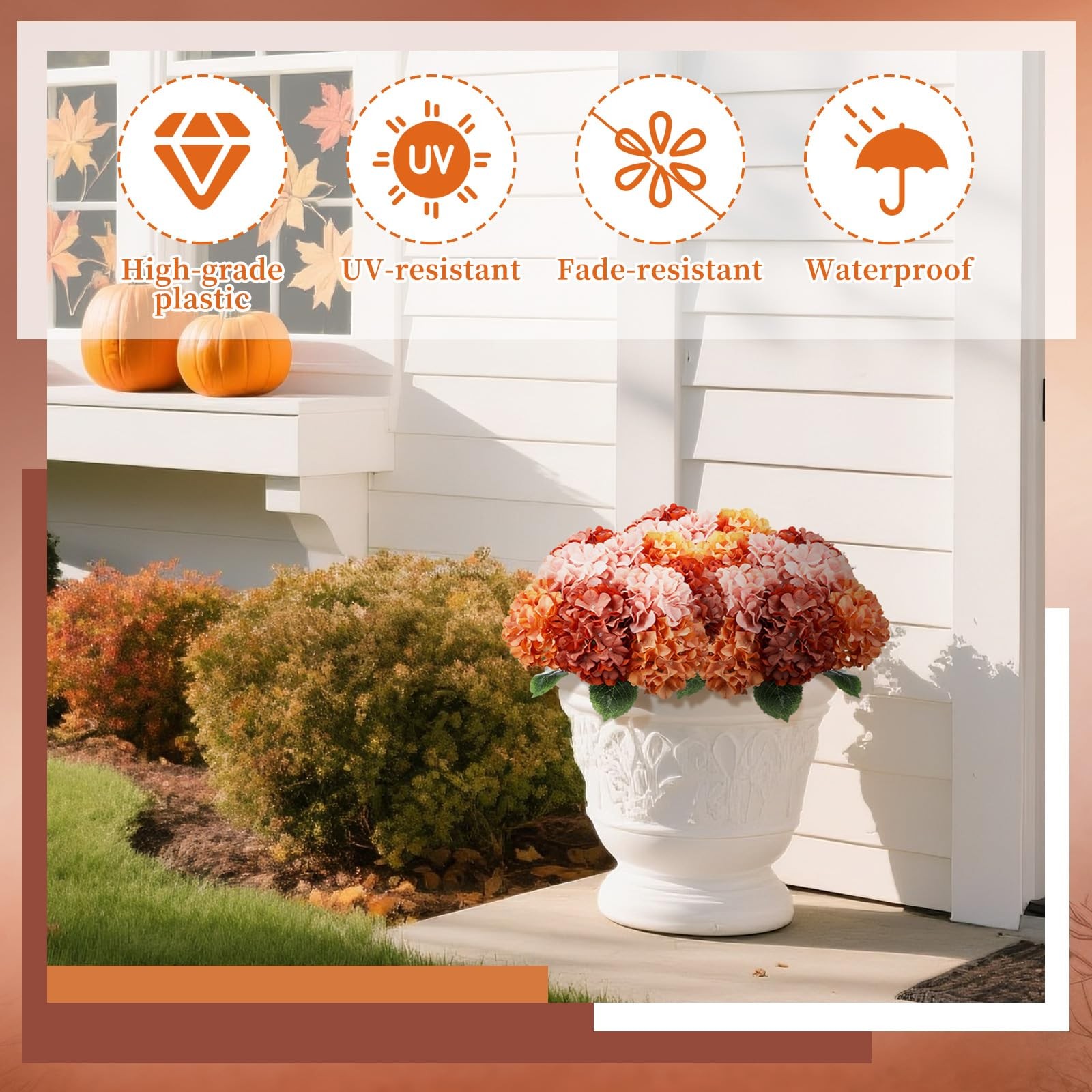 9 Pcs Burnt Orange Fall Hydrangea Artificial Flowers 23.6″ Vintage Faux Silk …