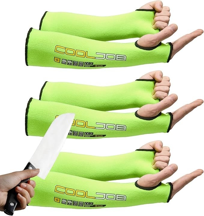 COOLJOB 3 Pairs 14in A4 Cut Resistant Sleeves UV Protection Thumb Hole Blk/yello