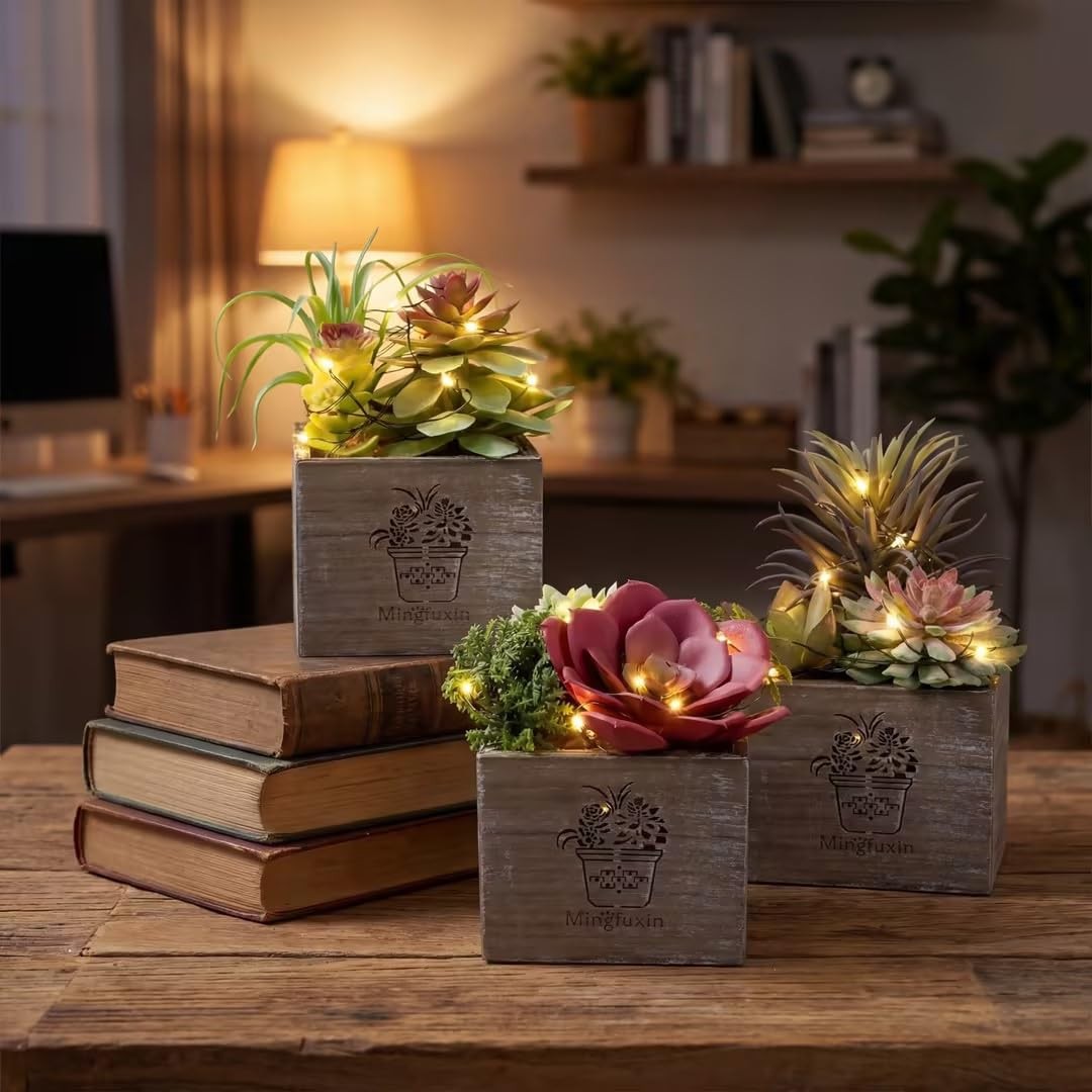 Small Fake Plants, Succulent Plants Artificial with Led Lights 3 Pack