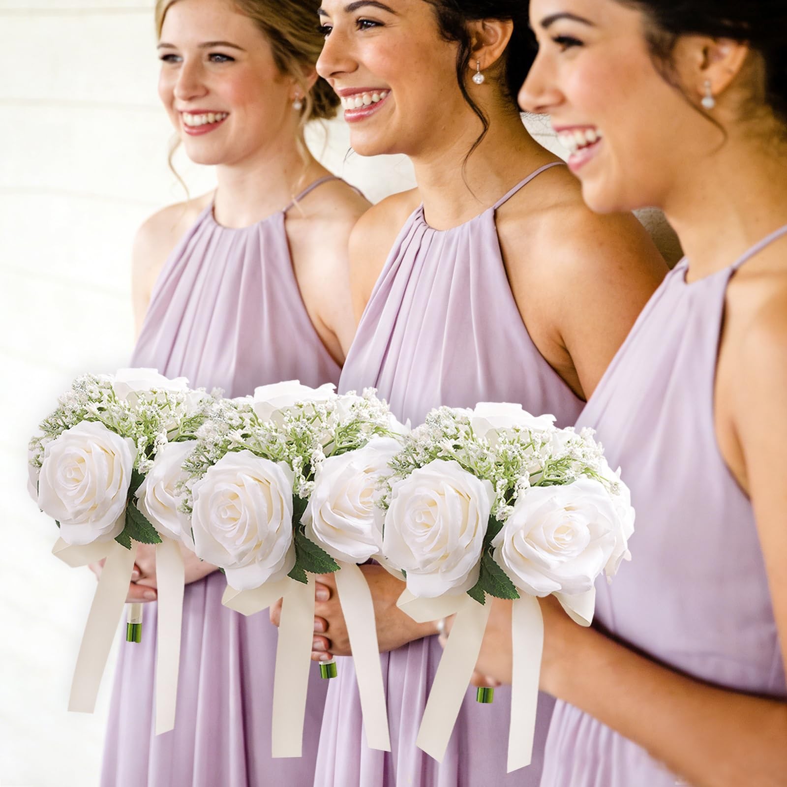 6.5 Inch Bridesmaid Bouquet Set of 6, Ivory Wedding Bouquets for Bridesmaids,…