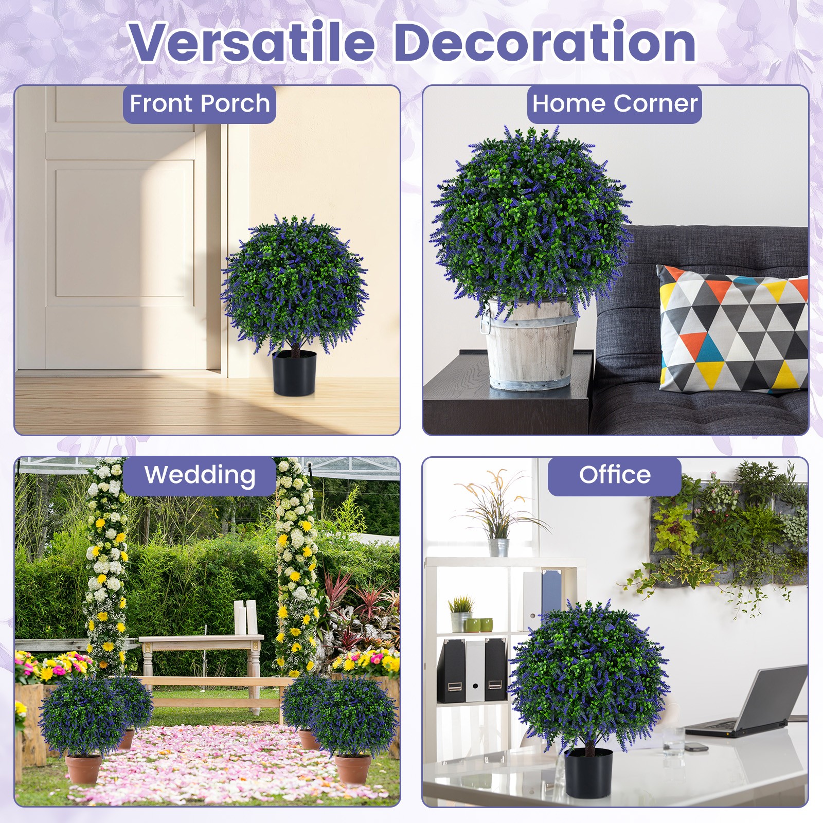 Set of 2 Artificial Lavender Topiary Ball Trees 22″ Faux Lavender Potted Plants
