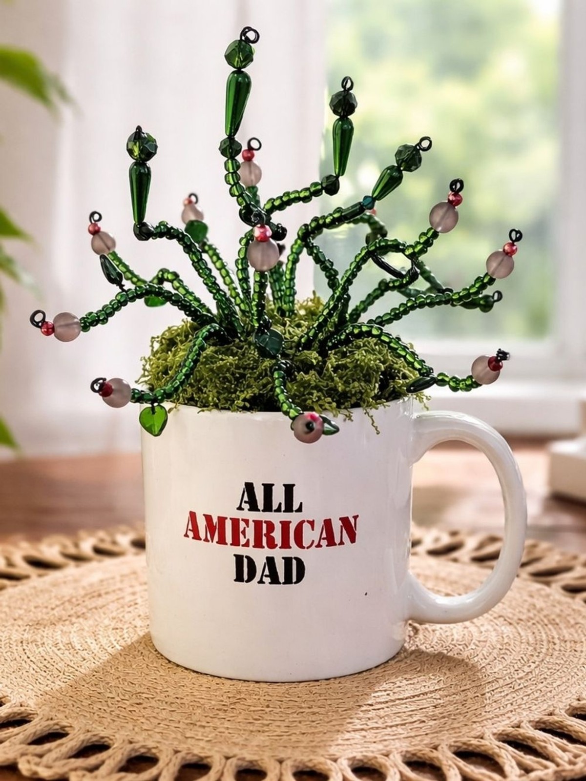 All American Dad White Ceramic Mug with Green Beaded Succulent