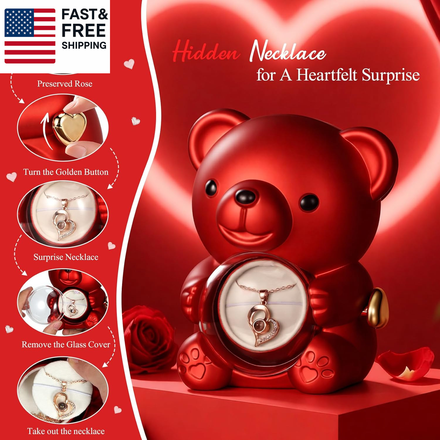 Cute Teddy Bear with Preserved Rose, Hidden Surprise Necklace Rotating Gift Box