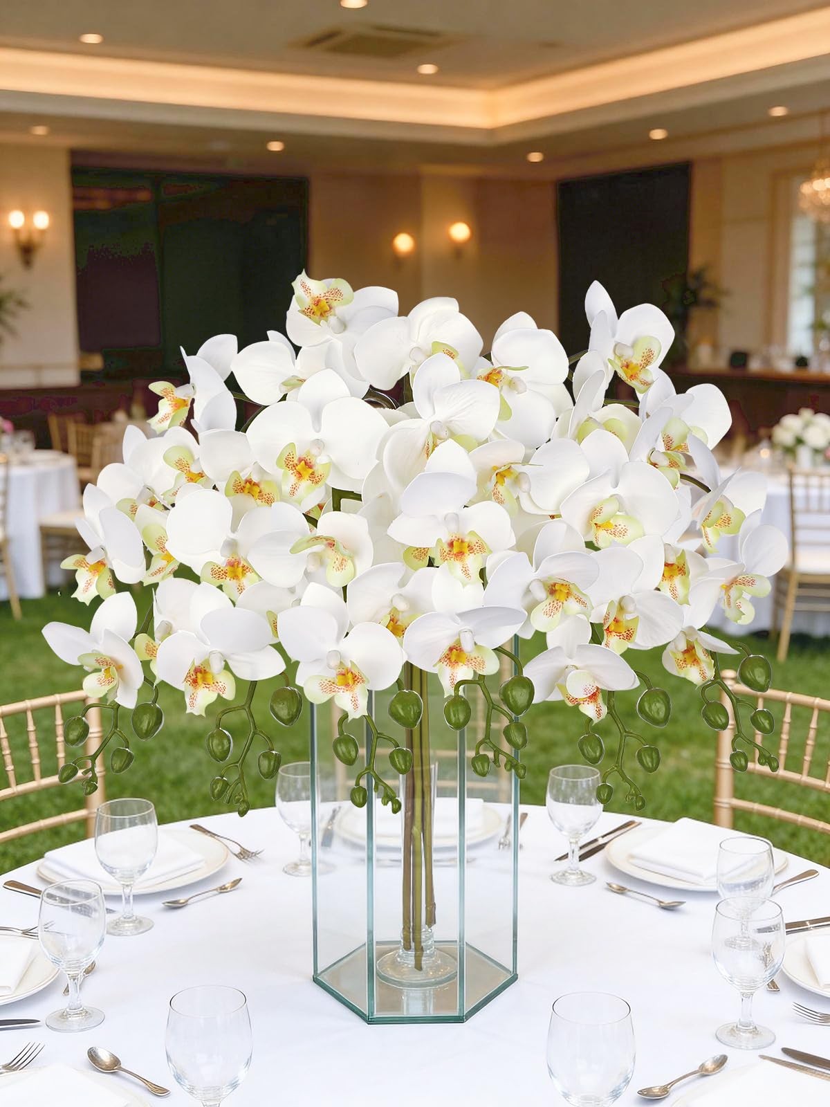 6 PCS White Orchids Artificial Flowers 25 Inch Silk Table Centerpiece Decor