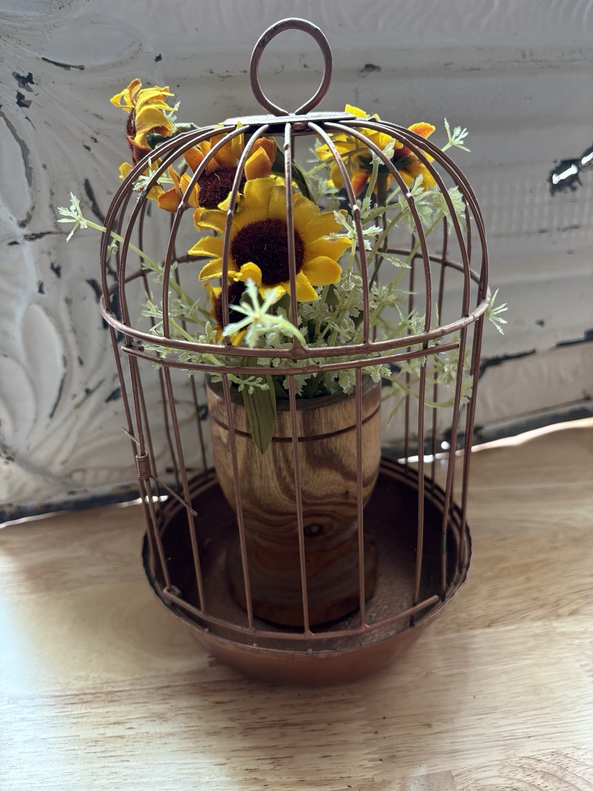 Decorative metal bird cage with wooden pedestal and faux florals #B5