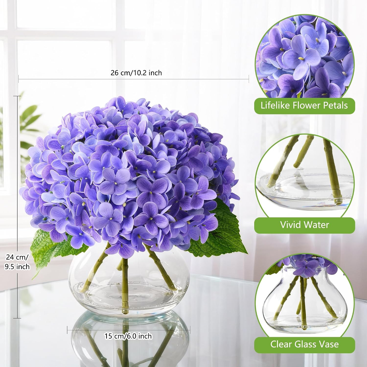 Purple Real Touch Faux Hydrangea in Glass Vase – No Watering Needed Decor