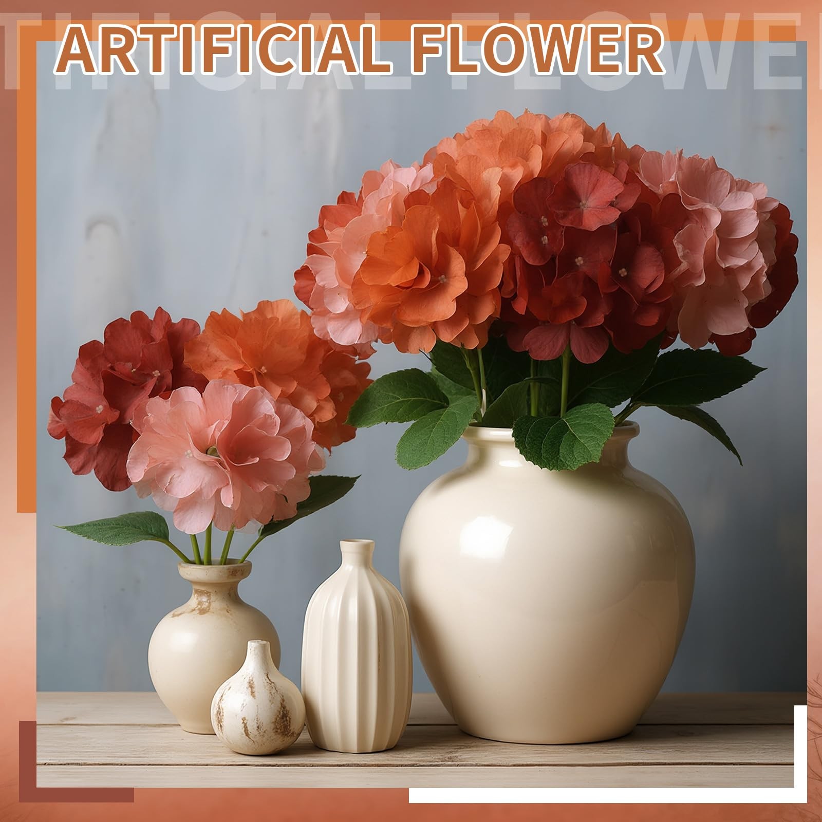 9 Pcs Burnt Orange Fall Hydrangea Artificial Flowers 23.6″ Vintage Faux Silk …