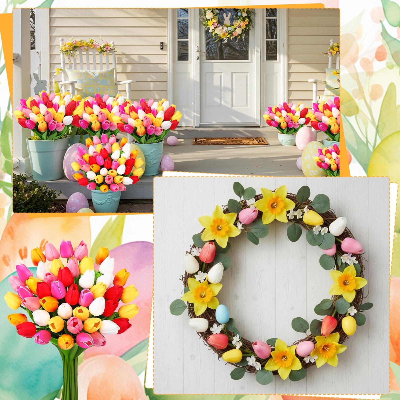 48 PCS Artificial Tulips Bouquet PU Real Touch Mixed Color Spring Party Decor