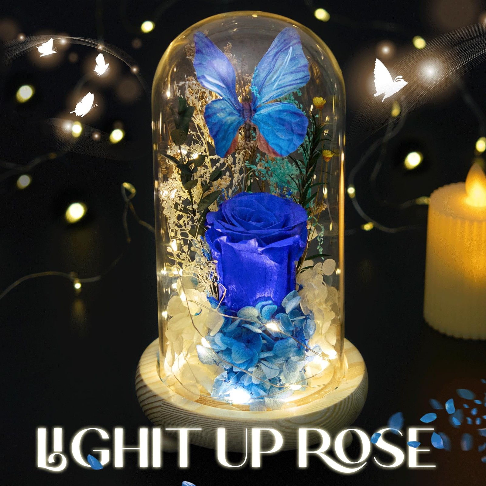 Forever Flowers Preserved Roses with Light in Glass Dome, Romantic Gifts for Mom