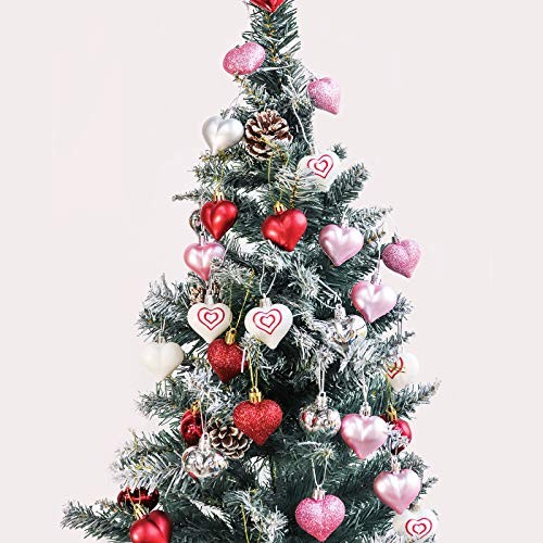 Valentine’s Day Decor Heart Decorations, 48 Pcs Red Pink Silver White Plastic