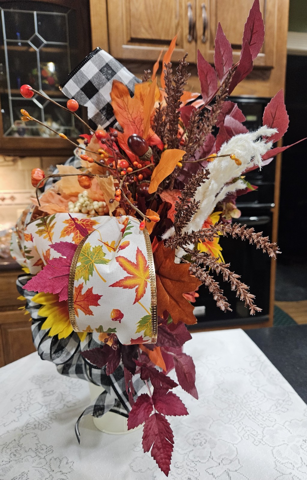 Chic Fall Florals with Ribbons, Bucket Vase, Orange, Cream, Dark Red
