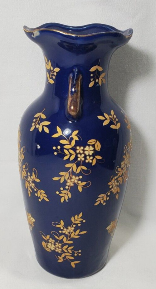 Hand-painted Dark Blue With Gold Floral Porcelain Vase Double Handle