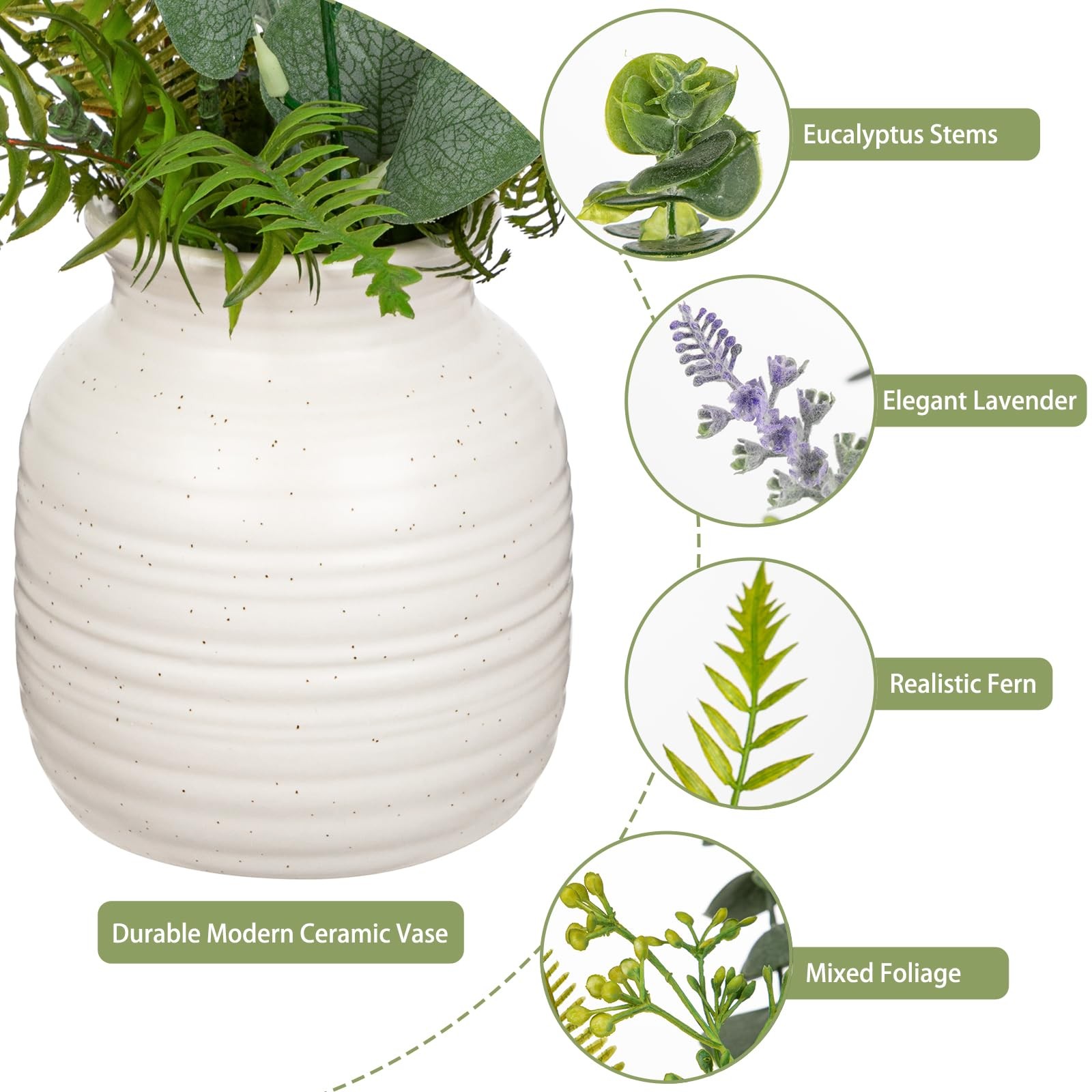 Artificial Eucalyptus & Lavender Arrangement in Ceramic Vase – 15.4″ Faux Lav…