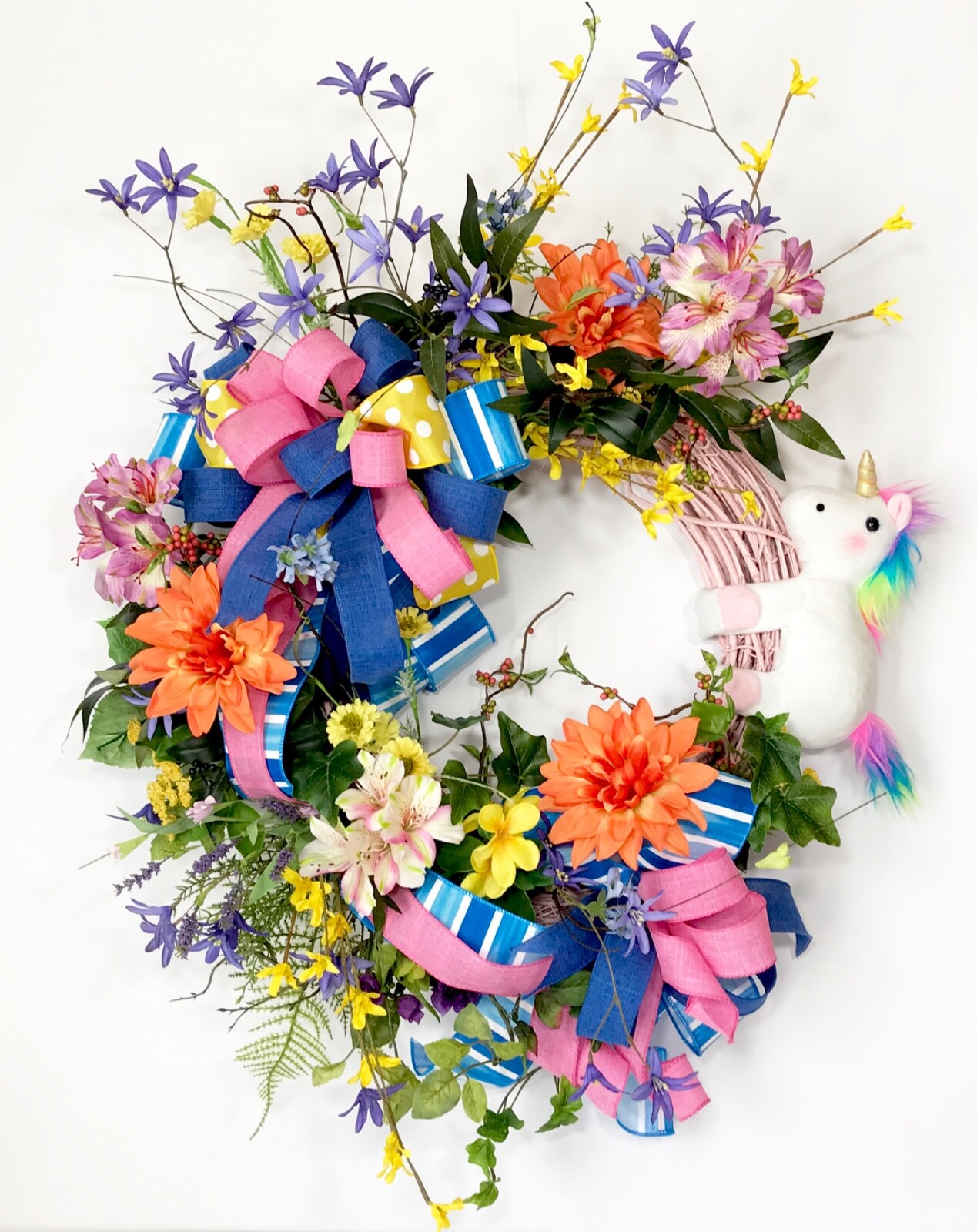 RAINBOW UNICORN PINK GRAPEVINE WREATH FRONT DOOR BRIGHT SUMMER FLOWERS DECOR NEW