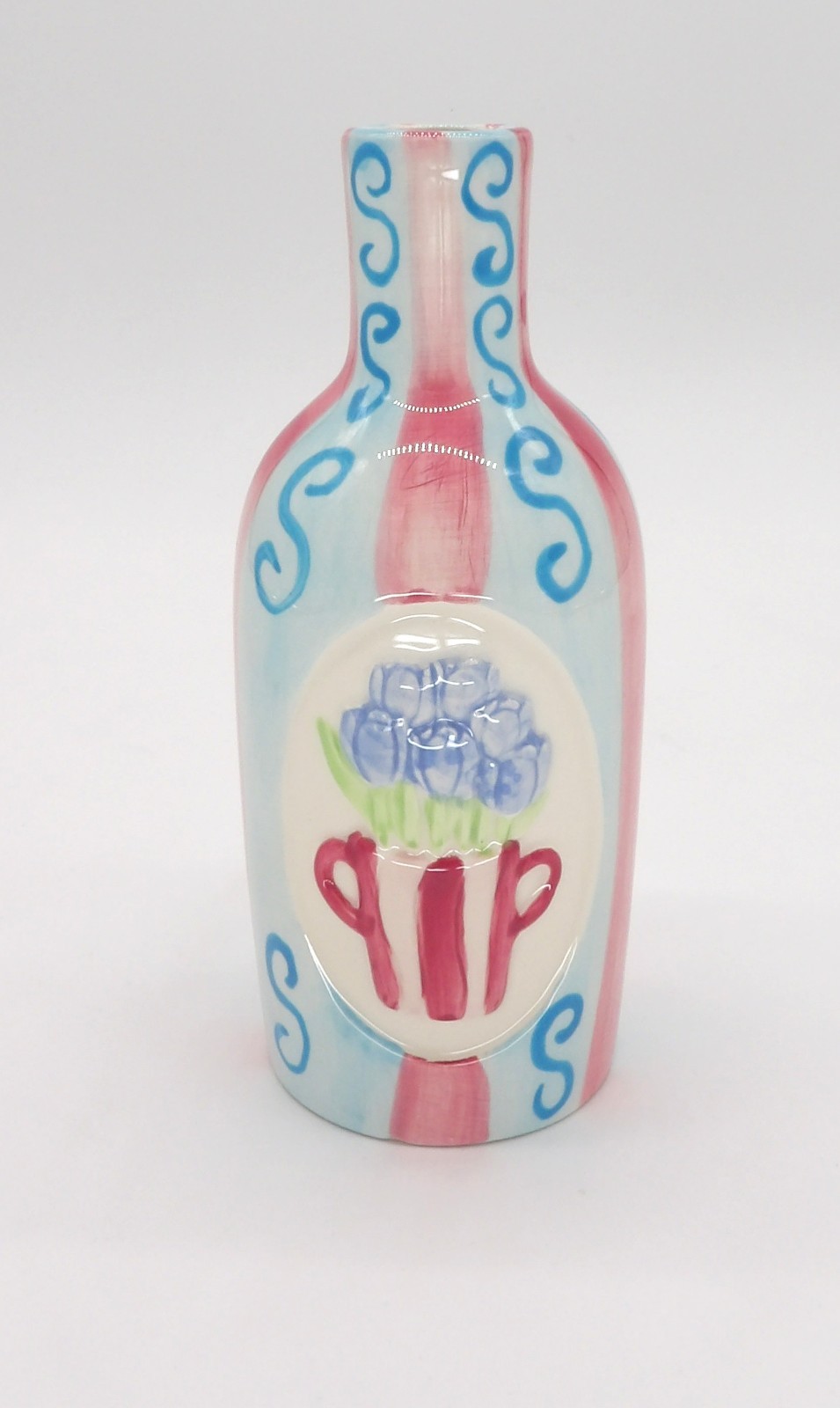 Blue and Pink Striped Bud Vase with Tulips 7″ Spring Decor